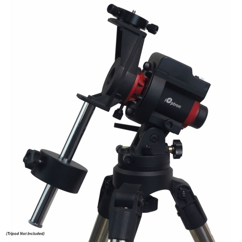 Image of the Sky Guider Pro installed on the sold separately tripod, with the counterweight shaft and counterweight attached