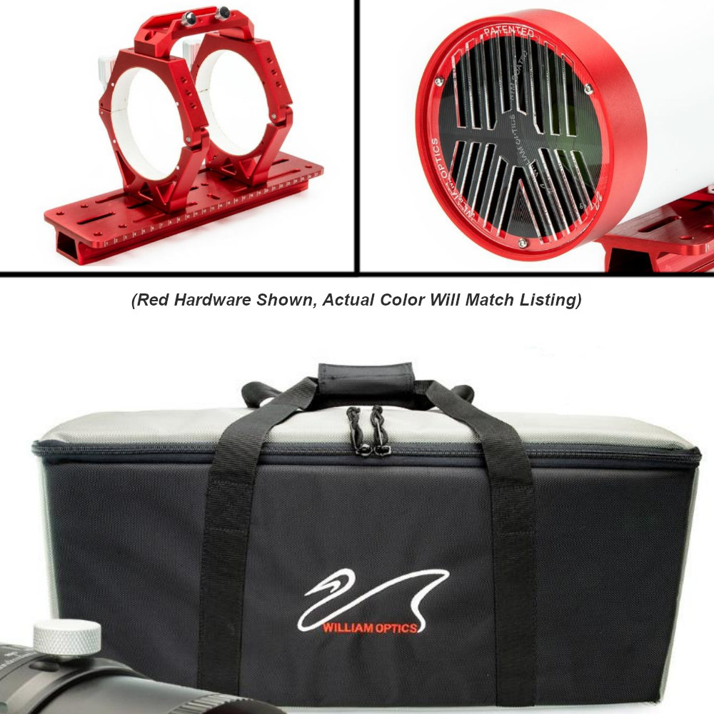 Graphic showing the included Bahtinov mask, rings, dovetail bar, handle, and soft carry case
