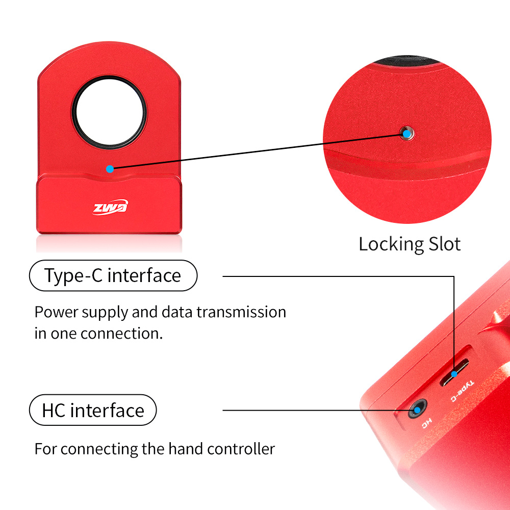 Close up of ports and a locking hole on the ZWO CAA