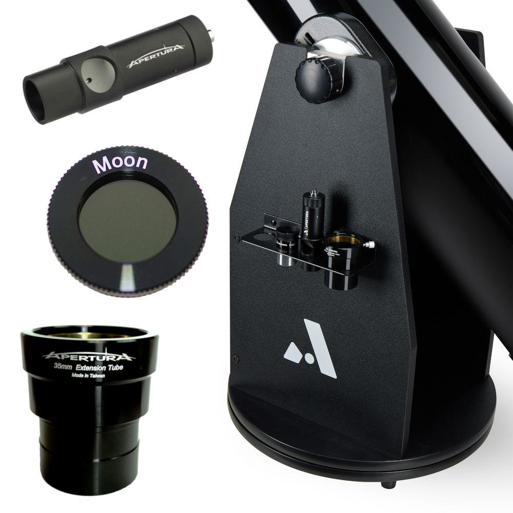 {{Apertura AD10 Dobsonian telescope -- view of the accessories tray with accessories including laser collimator, moon filter, and extension tube }}