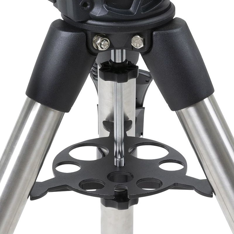{{Celestron AVX mount tripod closeup with speader plate with accessory holes }}